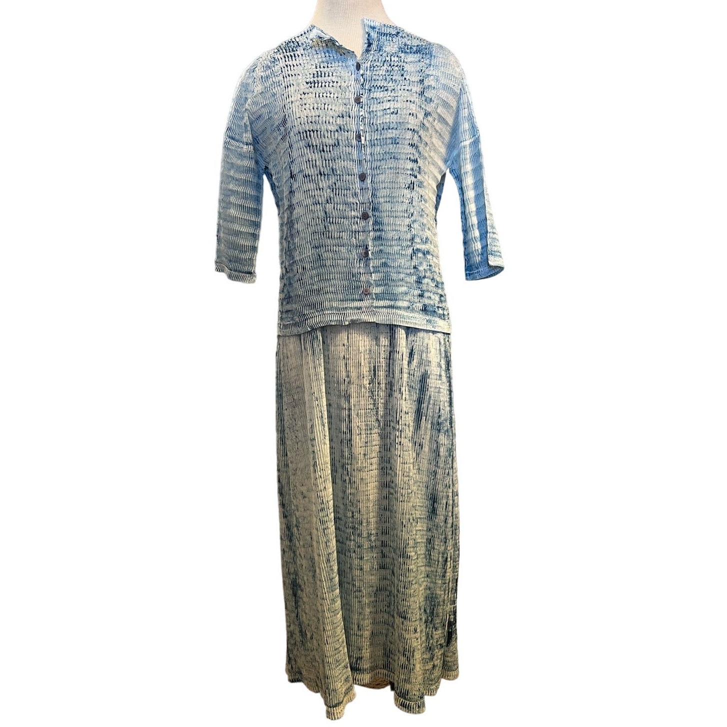 Vintage Issey Miyake Pleated Midi Dress Jacket Set Blue White Avant Garde Artful